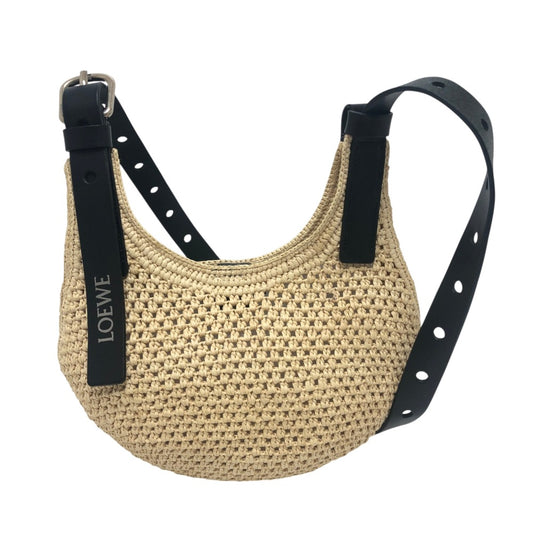 LOEWE APNCPHHX02 Punch Hole Hobo Mini Straw bag Shoulder Bag Raffia Natural / Black Beige Used