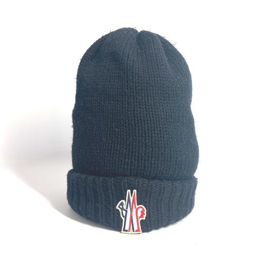 MONCLER ロゴ ワッペン ビーニー 帽子 ニット帽 ニットキャップ ニット帽 ウール レディース ブラック