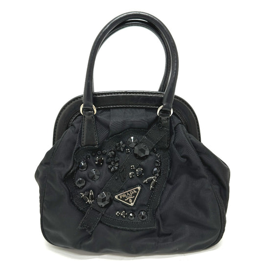 PRADA ハート ビジュー カバン ハンドバッグ ナイロン/レザー レディース ブラック - brandshop-reference
