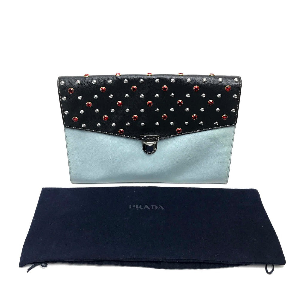 PRADA VR074C サフィアーノ ビジュー×スタッズ カバン フラップ クラッチバッグ レザー ユニセックス ブラック
