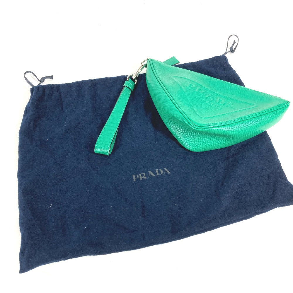 PRADA 2NE054 エンボスロゴ トライアングルロゴ 三角ロゴ プレート ストラップ付 カバン ポーチ クラッチバッグ サフィアーノレザー メンズ グリーン