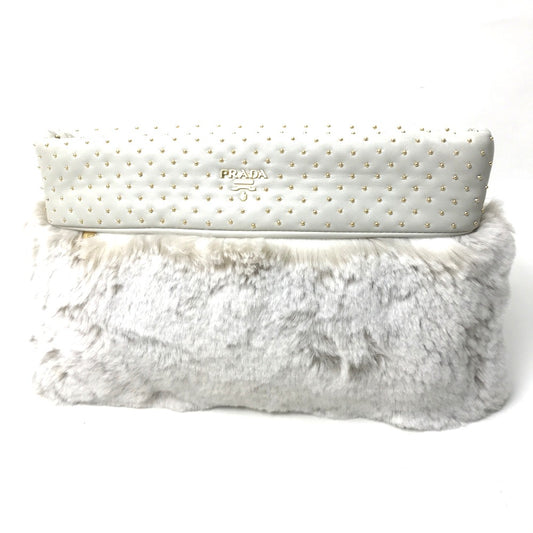 PRADA Fur trim with gold studs bag party bag Clutch bag fur / Leather Off White Used