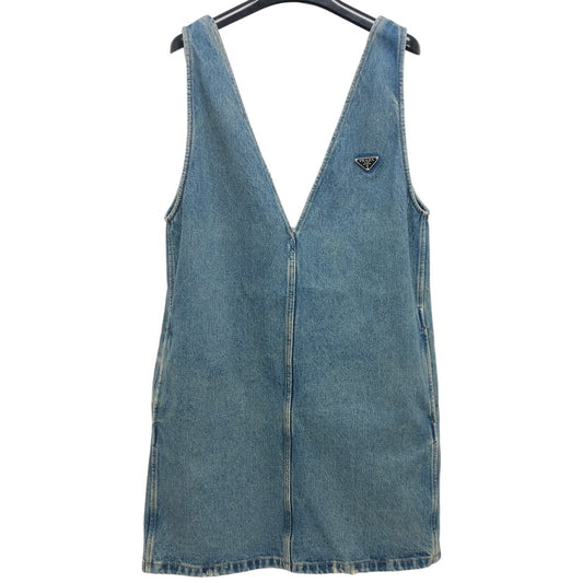PRADA GFA135 トライアングルプレート アパレル ダメージ加工 ジャンパースカート デニム ワンピース コットン レディース ブルー