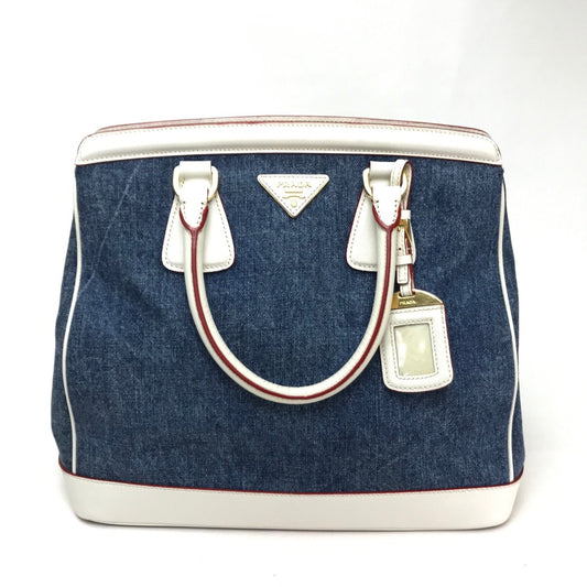 PRADA BN2441 logo Denim Leather Tote Bag Hand Bag Cotton denim / Leather blue/White Used