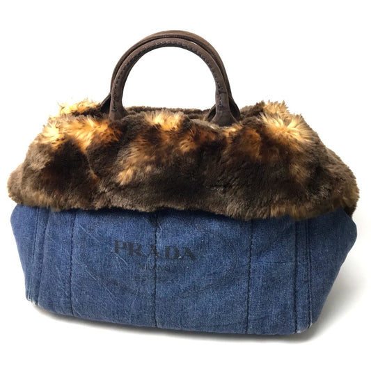PRADA BN2182 Fur with bag Canapa Handbag Denim Tote Bag Denim / Faux fur blue/Brown Used