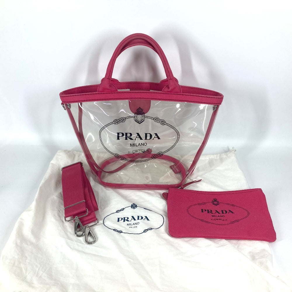 PRADA ビーチバッグ ポーチ付き ロゴ カナパ 2WAYバッグ ショルダーバッグ ハンドバッグ トートバッグ ビニール レディース ピンク