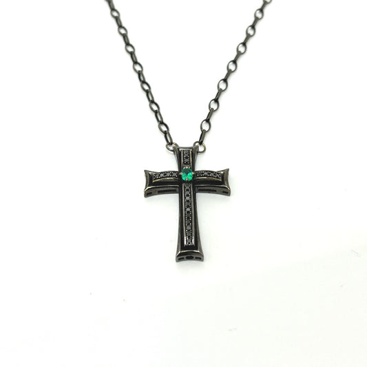 VARTIX K10 ブラック加工 クロス エメラルド ブラックダイヤ チェーン アクセサリー ネックレス K10 ユニセックス ブラック