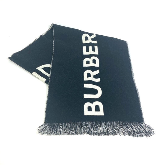 BURBERRY 80085081 バイカラー フリンジ スカーフ ロゴ マフラー ウール レディース ブラック×ホワイト