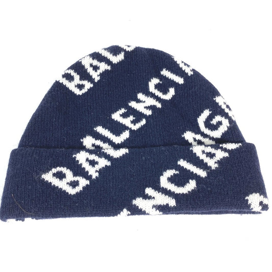 BALENCIAGA 633717 Logo Beanie Hat, Knit Cap, Wool Knit Hat, Women's, Navy
