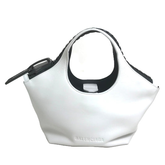 BALENCIAGA 661854 Mega Zip Bag, 2-Way Shoulder/Handbag, Leather, Women's, White/Black