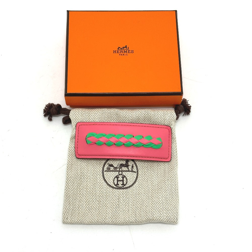 HERMES Braided Glen Hair Accessory Barrette Leather Women's Pink
