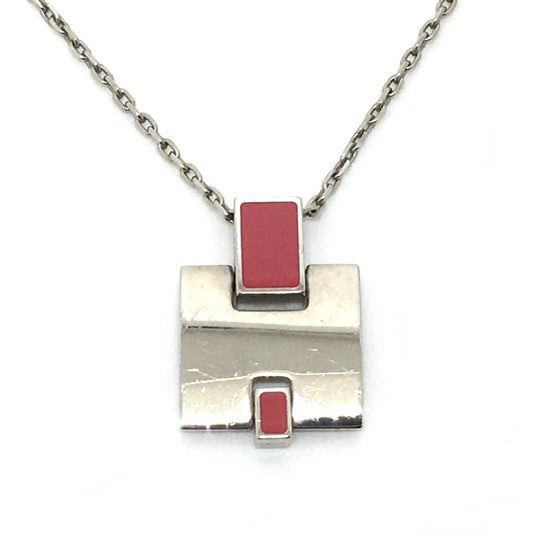 HERMES H motif Eileen pendant necklace in unisex metal, raspberry pink and silver.