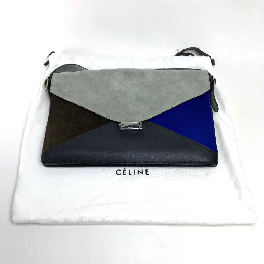 CELINE Shoulder Bag with Logo Hardware and Diamond Clutch, Suede/Leather, Gray and Black, Women's