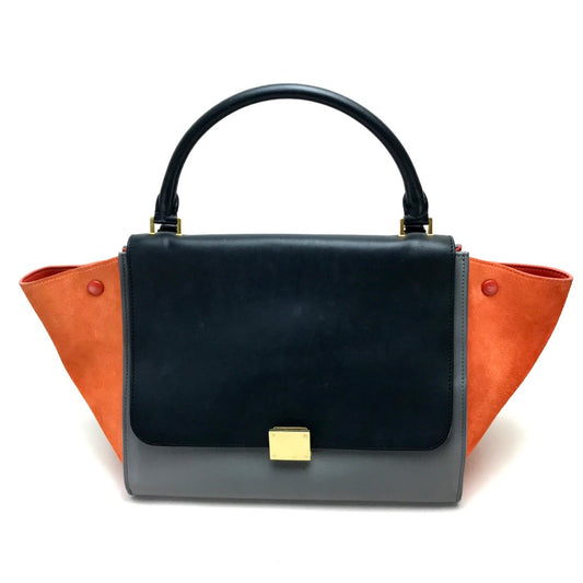 CELINE 2-Way Handbag, Trapeze Shoulder Bag, Suede/Leather, Women's, Black, Gray x Black x Orange