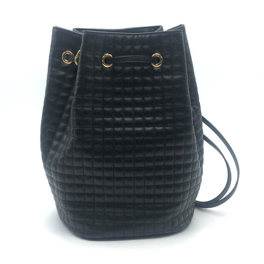 CELINE 188373BFI スモール Cチャーム カバン 巾着 リュックサック レザー レディース ブラック ブラック×ゴールド金具