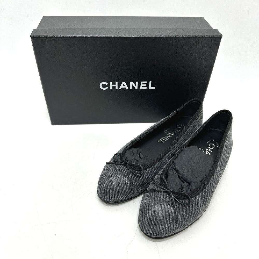 CHANEL G02819 CC CC Mark logo Ribbon ballerina flat shoes Ballet shoes, flat shoes pumps Denim Black 6 Used