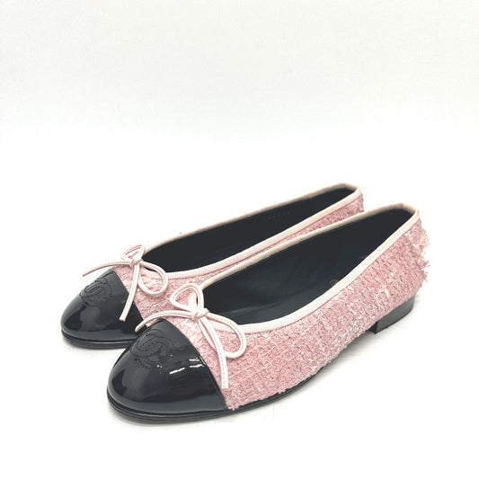 CHANEL CC Mark Ribbon Bicolor Tweed ballerina flats pumps tweed / enamel pink/Black Used