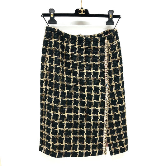 CHANEL P70539 チェック ツイード チェーン 21SS スカート シルク レディース ブラック×ベージュ