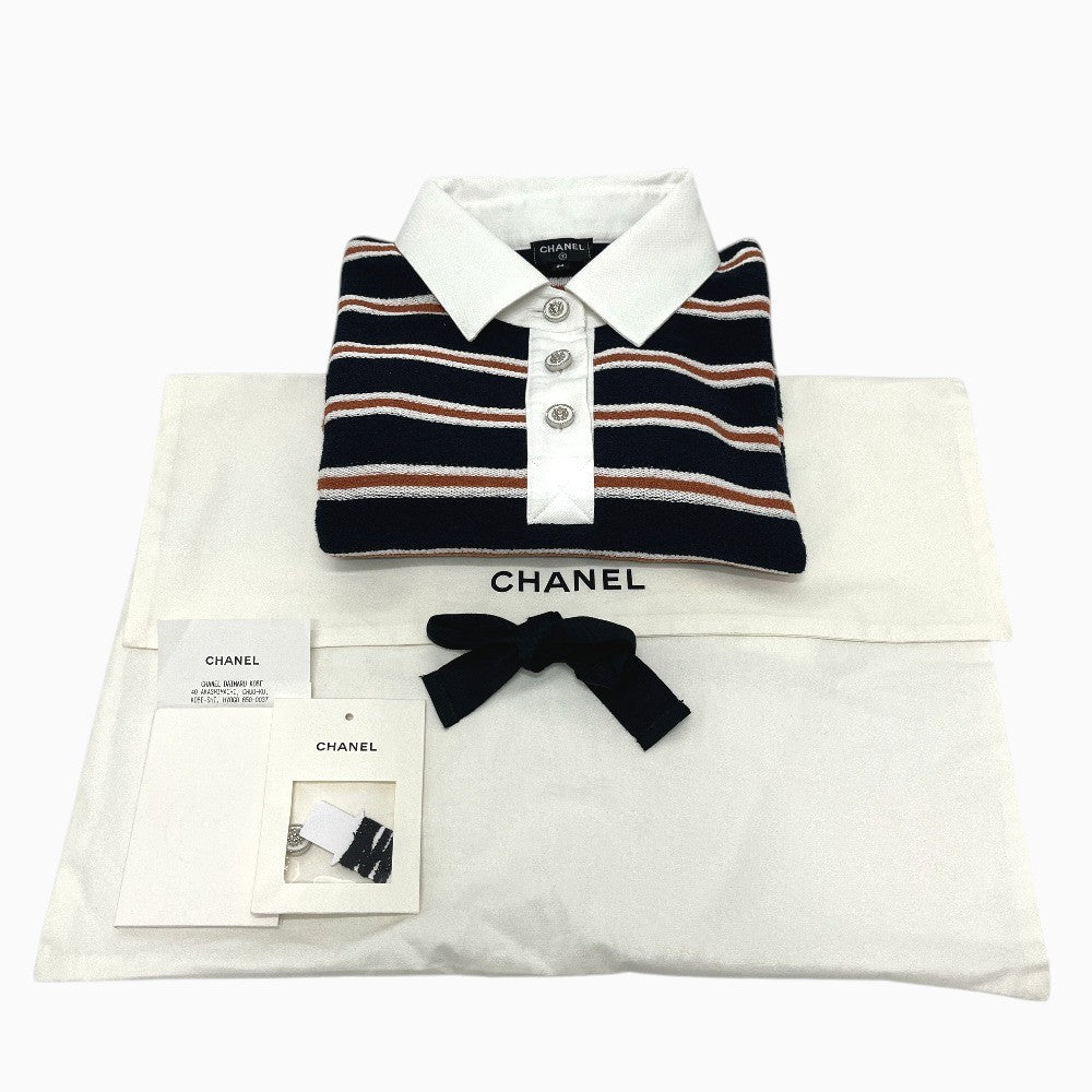 CHANEL P81003 26C Border Lion Button Apparel, 3/4 sleeve knit top, Bijoux buttons Polo shirt cotton Black/Brown Used