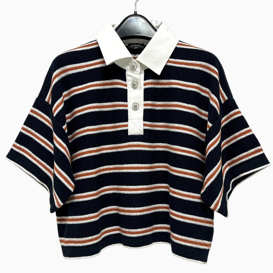 CHANEL P81003 26C Border Lion Button Apparel, 3/4 sleeve knit top, Bijoux buttons Polo shirt cotton Black/Brown Used