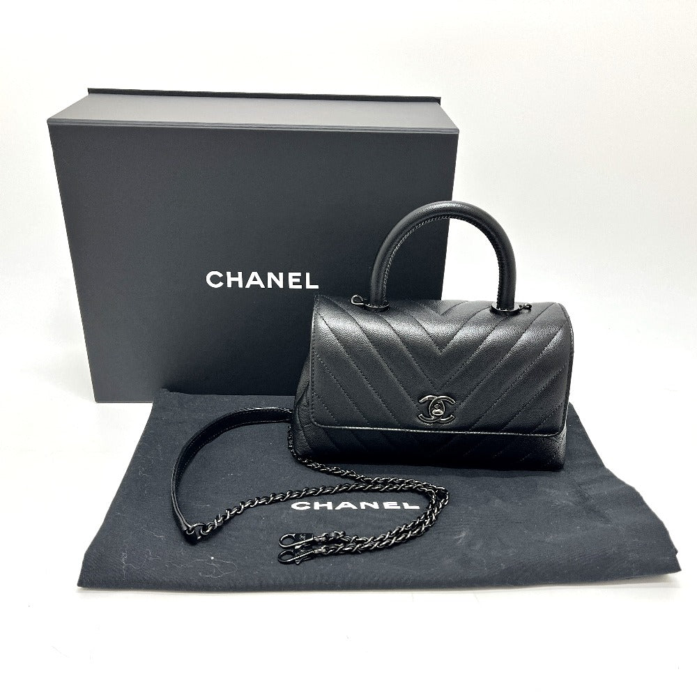 CHANEL シェブロン Vステッチ ココハンドルXS ソーブラック 2WAY カバン バッグ ショルダーバッグ ハンドバッグ キャビアスキン レディース ブラック