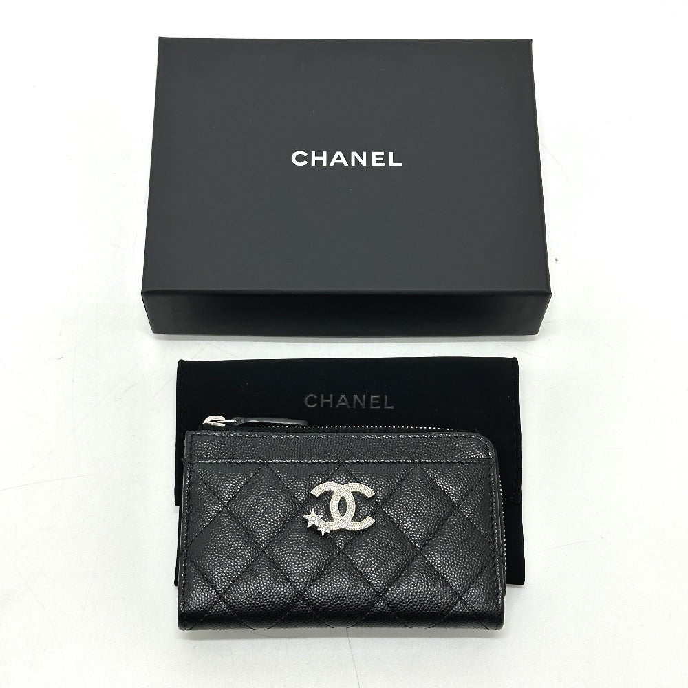 CHANEL AP3732 Matelasse Coco Mark Star CC Card Coin Purse Wallet Coin Case Caviar Skin Women's Black