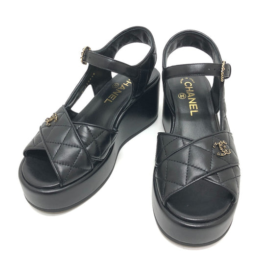 CHANEL G39918 23P ココマーク マトラッセ 靴 シューズ ウェッジソール スポーツ サンダル ラムスキン レディース ブラック