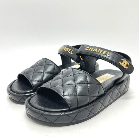 CHANEL G45430 Matelasse Logo CC Mark Velcro shoes Sandals Lambskin Leather Black Used