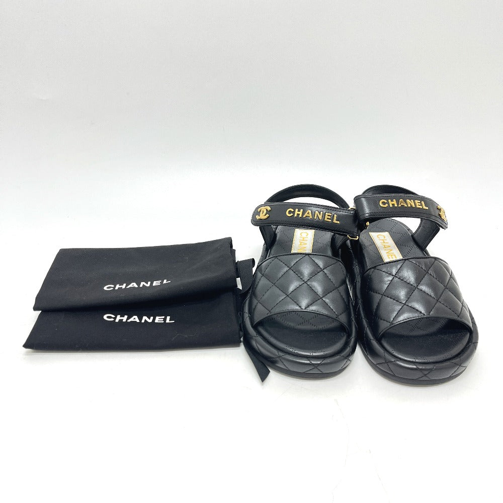 CHANEL G45430 Matelassé Logo Coco Mark Velcro Shoes Sandals Lambskin Women's Black