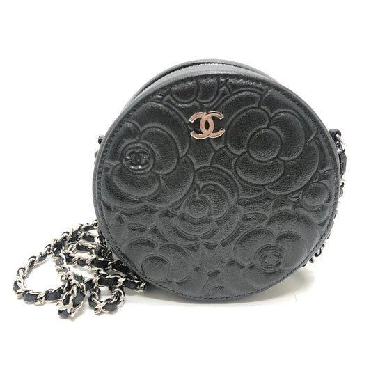 CHANEL 不明 カメリア CC ココマーク ロゴ 斜め掛け カバン ラウンド ミニ ショルダーバッグ レザー レディース グレー