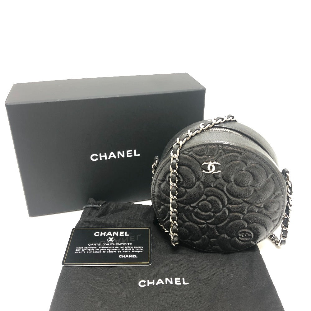 CHANEL Camellia CC Coco Mark Logo Diagonal Round Mini Shoulder Bag Leather Women's Gray