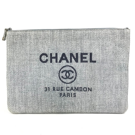 CHANEL ロゴ ドーヴィル ポーチ カバン クラッチバッグ キャンバス レディース ブルー