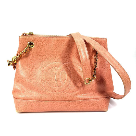 CHANEL ヴィンテージ CC ココマーク Wチェーン ロゴ 肩掛け カバン トートバッグ チェーンバッグ ショルダーバッグ キャビアスキン レディース ピンク