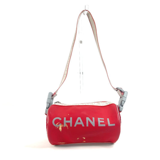CHANEL スポーツ バイカラー ロゴ 筒形 肩掛け ハンドバッグ ラバー レディース レッド