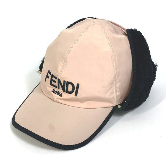 FENDI FXQ679 ロゴ フライトキャップ ボア付き 帽子 ポリエステル レディース ピンク