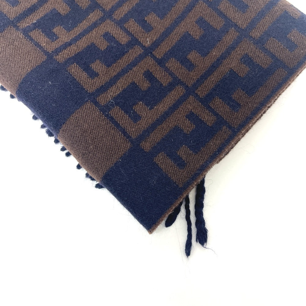 FENDI Zucca Pattern Pequin Muffler Fringe Stole Cold Weather Item Scarf Wool Women's Navy
