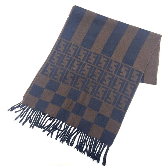 FENDI Zucca Pattern Pequin Muffler Fringe Stole Cold Weather Item Scarf Wool Women's Navy