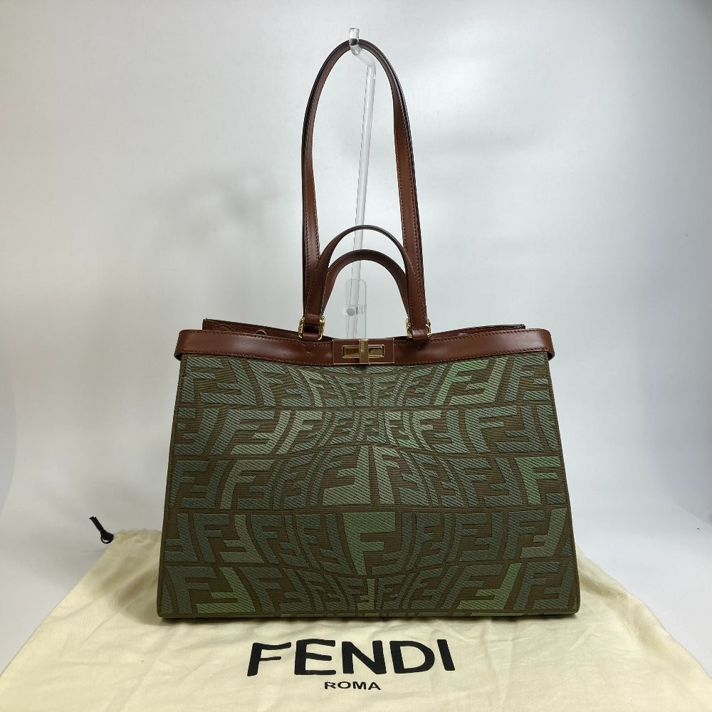 FENDI 8BH374 FF総柄 ピーカブー エックストート カバン 2WAY ショルダーバッグ トートバッグ コットン レディース グリーン