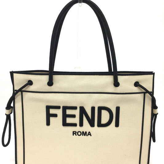 FENDI 8BH379 ロゴ ローマ ショッパー カバン ラージ トートバッグ キャンバス レディース グレッゾナチュラルベージュ&ブラック ベージュ×ブラック