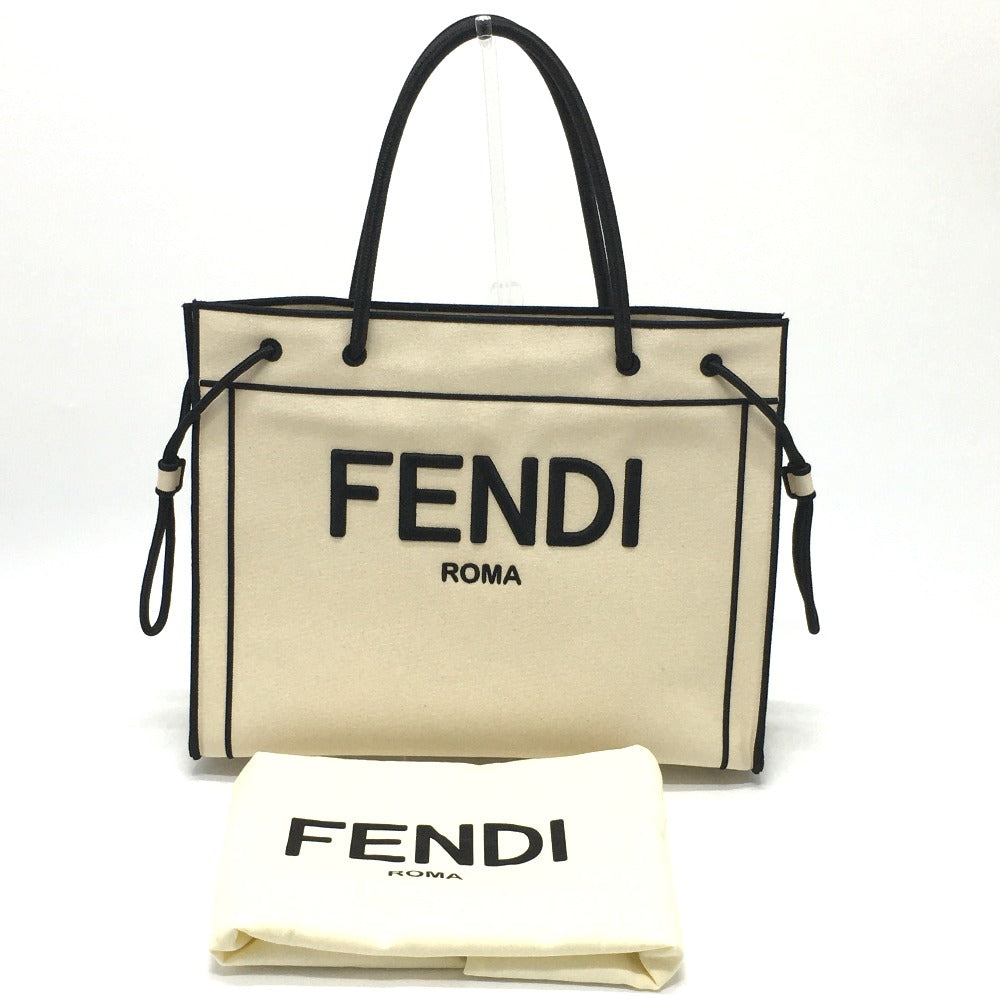 FENDI 8BH379 Logo Roma Shopper Bag Large Tote Bag Canvas Women's Grezzo Natural Beige & Black