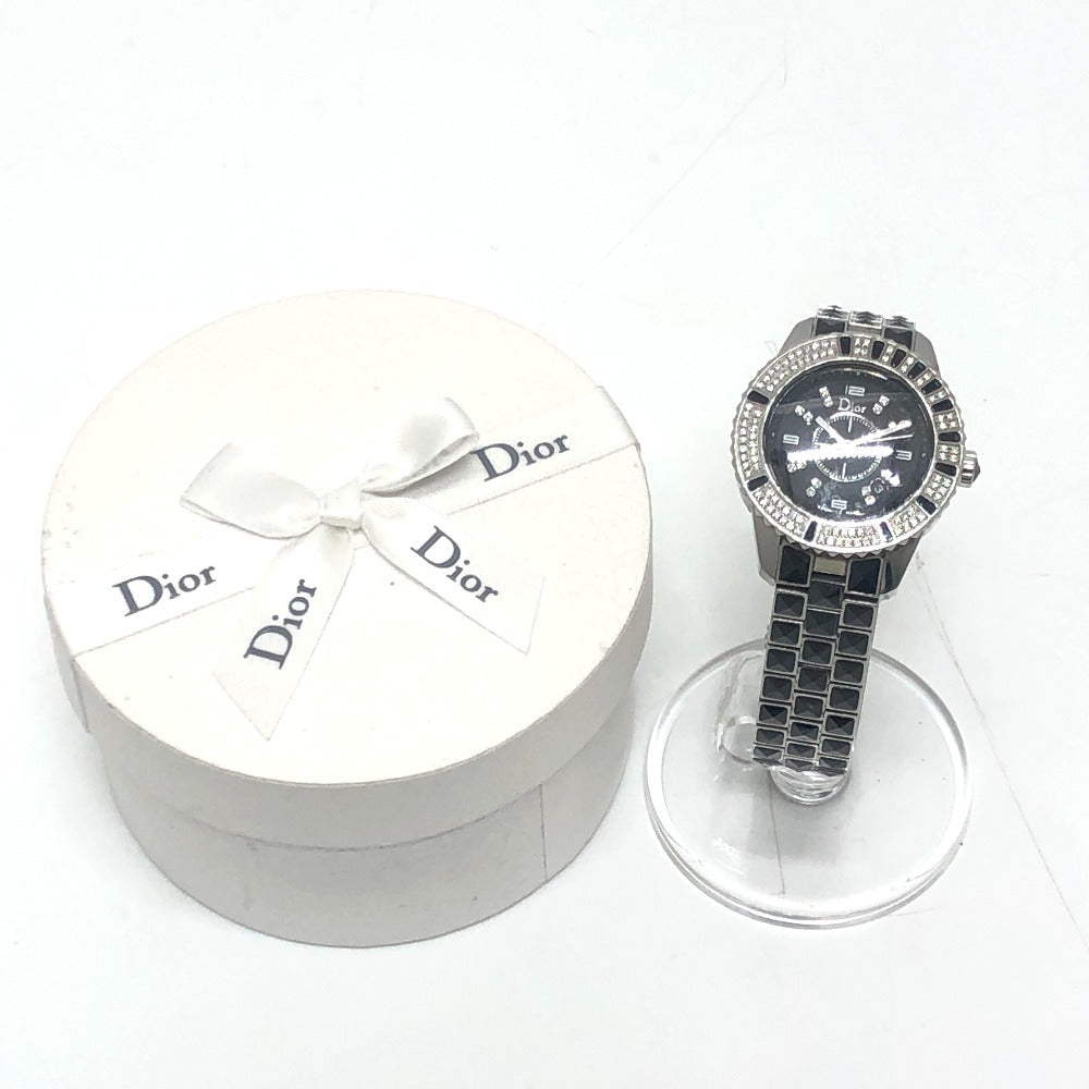 Dior CD113119 Crystal Diamond Bezel 16P Quartz Date Watch Round Face Stainless Steel Women's Silver