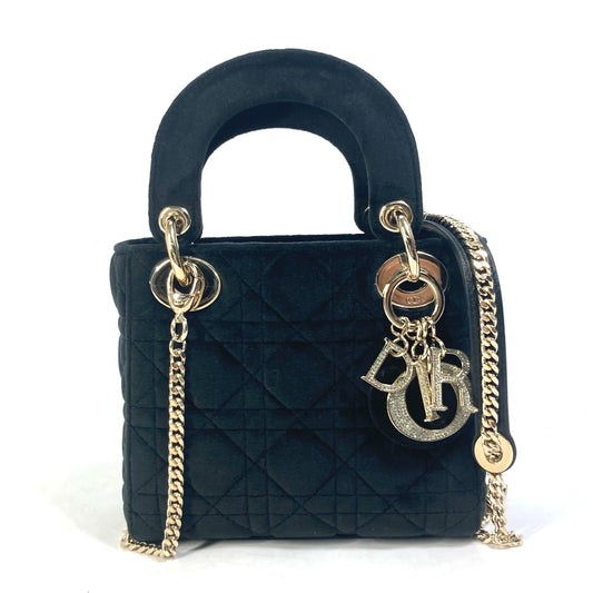 Dior LADY DIOR チェーン レディディオール カナージュ ミニ ラインストーン 2WAY ショルダーバッグ ハンドバッグ ベロア/レザー レディース ブラック