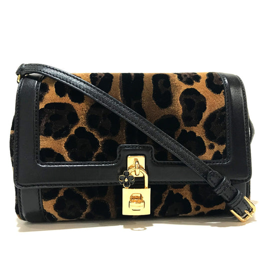 DOLCE&GABBANA ヒョウ 豹柄 レオパード フラワーロック金具 カバン 斜め掛け バッグ ショルダーバッグ ベルベット レディース ブラック×ブラウン