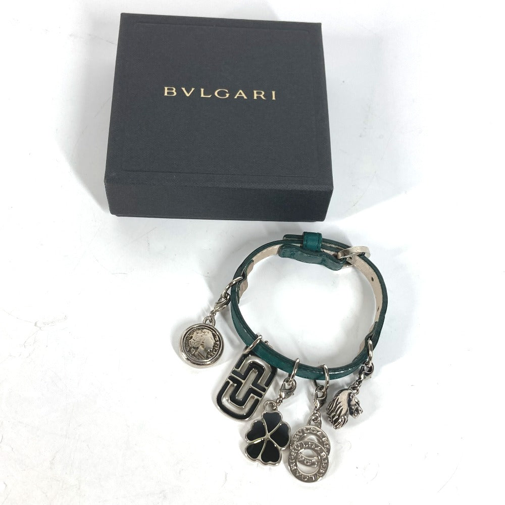 BVLGARI ブルガリブルガリ ロゴ 5 アイコン チャーム バングル アクセサリー ブレスレット レザー メンズ グリーン