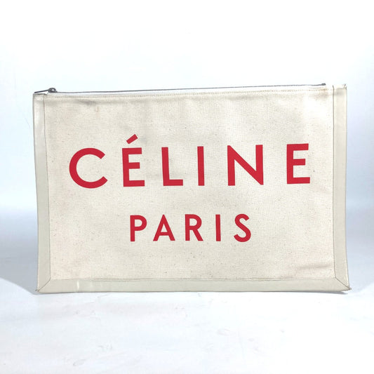 CELINE ロゴ カバン ポーチ バイカラー クラッチバッグ レザー/キャンバス レディース ホワイト