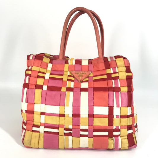 PRADA 編み込み ロゴ トライアングルロゴ 三角ロゴ プレート カバン トートバッグ ハンドバッグ ナイロン ユニセックス ピンク