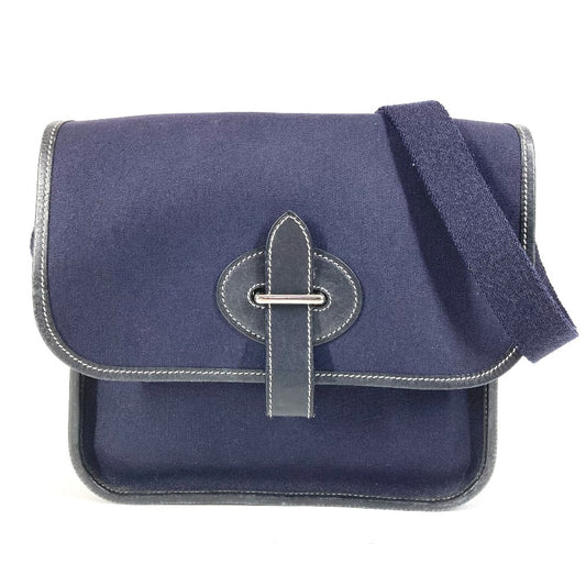 HERMES ブエナベンチュラPM ブエナベンチュラ PM 斜め掛け カバン フラップ ショルダーバッグ レザー/キャンバス ユニセックス ネイビー