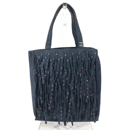 CHANEL ヴィンテージ フリンジ タッセル CC ココマーク ロゴ ラインストーン トートバッグ カバン ミニバッグ ハンドバッグ ヌバック レディース ネイビー