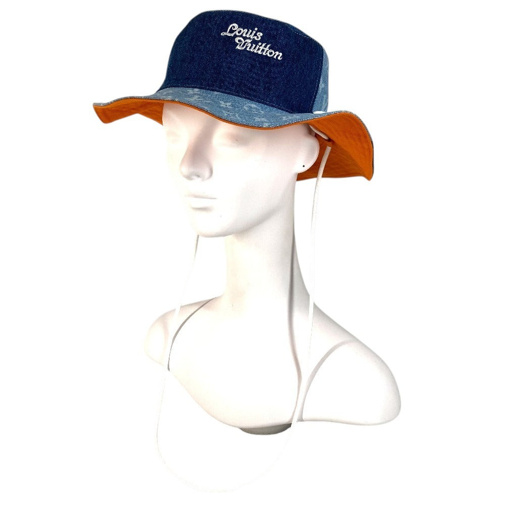LOUIS VUITTON M7537L Denim Bucket Hat, Denim Patchwork Explorer Reversible Hat, Headwear, Bucket Hat, Bob Hat, with Strap, Cotton, Men's, Blue