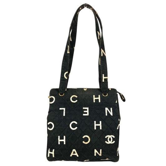 CHANEL ヴィンテージ CC ココマーク ロゴ 総柄 肩掛け トートバッグ カバン ショルダーバッグ コットン ユニセックス ブラック